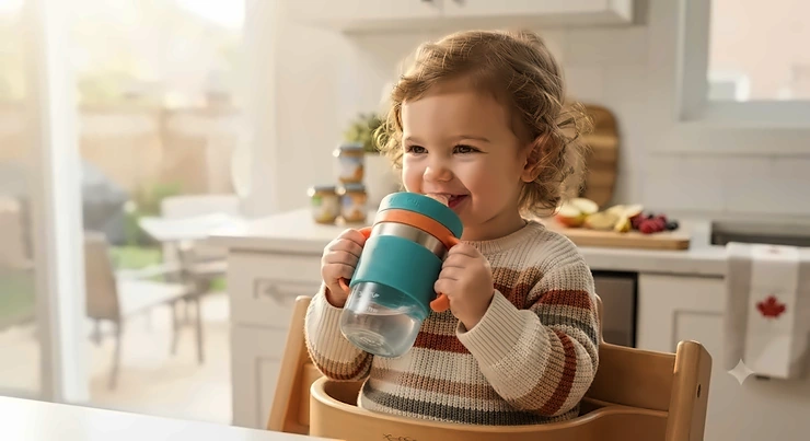 Toddler happily drinking water from the best sippy cup with easy-grip handles, sitting in a Canadian home kitchen.