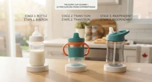 Infographic illustration showing the transition stages from baby bottles to the best sippy cup and training cups for infants.