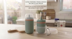 Illustration of a secure, travel-friendly leak-proof sippy cup with a protective cap for Canadian daycare and travel.