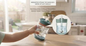 Illustration of a baby drinking from any angle using a weighted straw sippy cup designed for active toddlers.