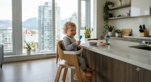A sleek, space-saving high chair placed at a small dining table in a cozy Canadian home.