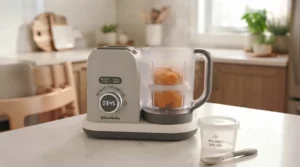 Digital control panel of a baby food maker designed with English and French user-friendly settings for Canadian parents.