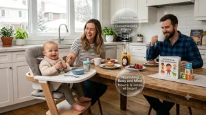 A happy Canadian family sharing a meal, with a toddler seated safely in a full size high chair / chaise haute complète.