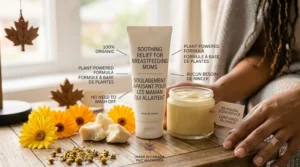 A bilingual infographic in English and French highlighting the benefits of organic nipple cream for breastfeeding Canadian mothers.