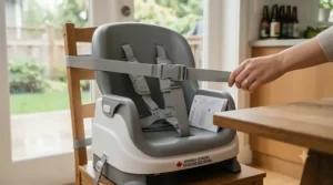 Technical illustration showing the secure 3-point harness system of a toddler booster seat for eating, demonstrating compliant safety straps attached to both the back and bottom of a Canadian kitchen chair.