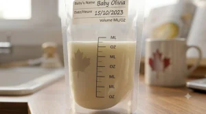 Detailed view of accurate measurement markings in milliliters and ounces on a BPA-free breast milk pouch.