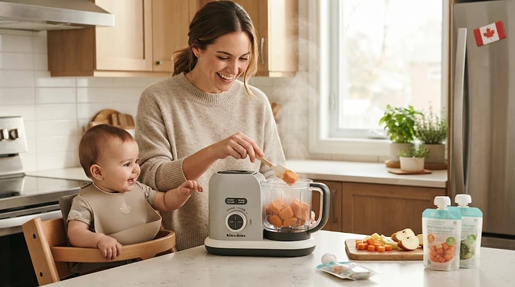 A happy Canadian parent using a multi-function baby food maker in a modern kitchen to prepare fresh meals for their infant.
