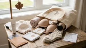 A Canadian maternity hospital bag checklist illustration featuring essentials like nursing bras and soothing nipple cream for breastfeeding.