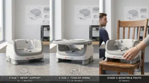 Concept drawing showing the transition of a 3-in-1 booster seat for eating from an infant floor seat, to a strapped table booster, to a youth dining chair insert.
