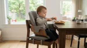 Convertible high chair transformed into a toddler booster seat attached to a dining chair.