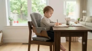 A young child using a convertible high chair adjusted into a sturdy youth desk chair.