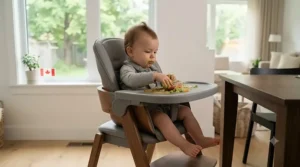 A baby using a convertible high chair with a detachable tray for easy cleaning.
