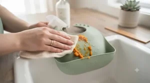 A parent quickly wiping down one of the best baby bibs after a messy mealtime.