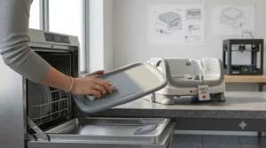 Close-up illustration of a parent easily sliding off the BPA-free, dishwasher-safe removable tray of a grey plastic booster seat for eating.