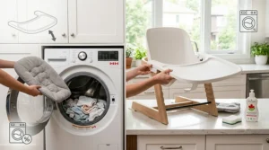 Graphic detailing the dishwasher-safe removable tray and wipeable straps of a premium full size high chair.