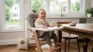 An eco-friendly, sustainably sourced wooden full size high chair, styled in a minimalist Canadian home.