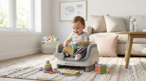 Soft foam toddler booster seat for eating placed safely on a living room floor rug during a child's sensory playtime.