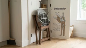 A compact, foldable convertible high chair stored neatly away to save space in a Canadian apartment.