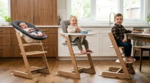 A space-saving high chair folded flat for easy storage in a narrow kitchen pantry opening.