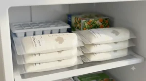 Graphic showing breast milk storage bags stacked flat in a freezer to save space and optimize storage efficiency.