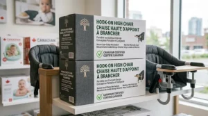 Illustration of Canadian compliant product packaging for a hook on high chair with bilingual English and French text.