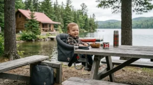 A durable hook on high chair attached to a wooden picnic table at a Canadian cottage.