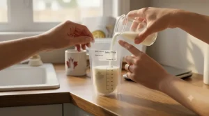 Illustration demonstrating how to pour breast milk into a storage bag and securely seal the leak-proof double zipper.