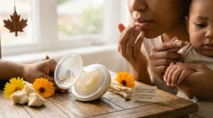 An illustration showcasing the alternative uses of a nipple cream for breastfeeding, including soothing chapped lips and lubricating breast pump flanges.