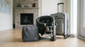A folded portable hook on high chair packed next to luggage for a family road trip.