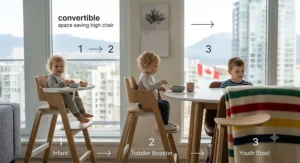 A lightweight, portable space-saving high chair packed into a car trunk for a family cottage trip in Canada.