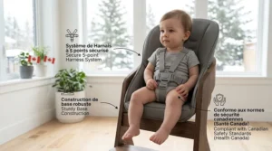 A convertible high chair featuring a secure 5-point harness meeting Canadian safety regulations.