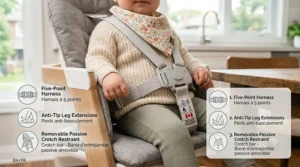 Close-up illustration of a secure 5-point safety harness on a full size high chair, meeting Health Canada safety guidelines.