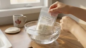 Illustration of a frozen breast milk storage bag thawing safely in a bowl of warm water.