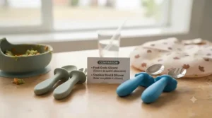 Comparison infographic of food-grade silicone and stainless steel best baby utensils designed for safe infant feeding.