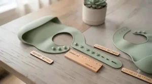 Infographic displaying adjustable neck closures on the best baby bibs designed to grow with newborns to toddlers.