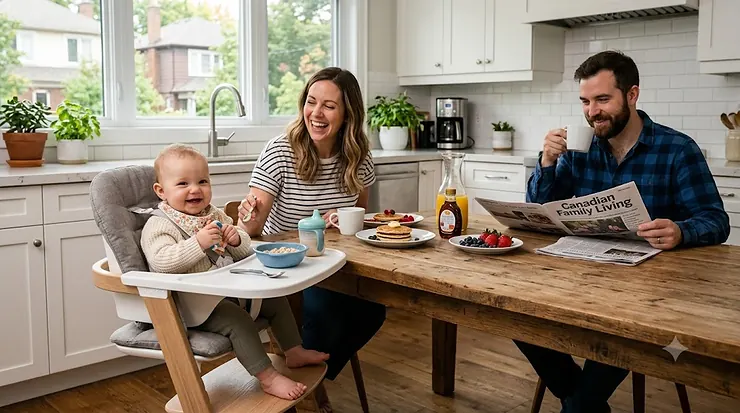 A compact, space-saving high chair pulled up to a kitchen island in a modern Canadian apartment.