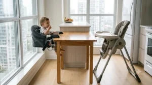 Illustration comparing a bulky traditional high chair with a space-saving hook on high chair in a compact Toronto condo kitchen.