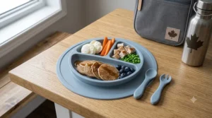 A colorful suction divided plate for toddlers keeping different food textures separated, designed to reduce mealtime stress for picky eaters.