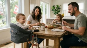 Happy toddler sitting in a hook on high chair eating dinner directly at the table with family.