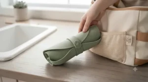 Rollable, portable best baby bibs packed in a diaper bag for families traveling across Canada.
