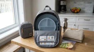 A packable divided plate for toddlers with a leakproof lid, styled next to a daycare bag for an active Canadian family commute.