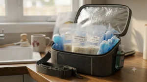 Insulated cooler bag packed with ice packs and breast milk storage bags for Canadian parents traveling or commuting.