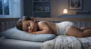 A toddler sleeping peacefully through the night while wearing reliable overnight diapers for heavy wetters.