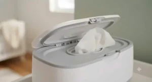 Close-up of a baby wipe warmer showing a moisture seal lid to keep wipes fresh.