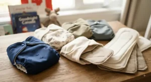 Cloth pocket diapers for overnight use displayed alongside extra absorbent bamboo and hemp inserts.