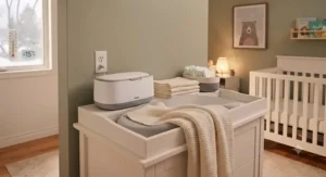 Cozy nursery scene highlighting a wipe warmer to keep baby comfortable during cold Canadian winters.