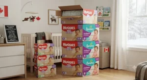 Boxes of size 4 diapers for toddlers stacked neatly in a Canadian nursery to show bulk savings.