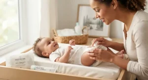 A caregiver gently changing an infant using hypoallergenic products formulated for sensitive baby skin.
