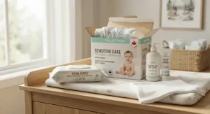 Soft cotton and bamboo cloth diapers laid out neatly, a gentle option for infants with sensitive skin.