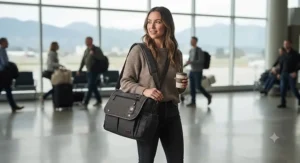 Parent wearing a comfortable, adjustable messenger diaper bag for travel across their shoulder.